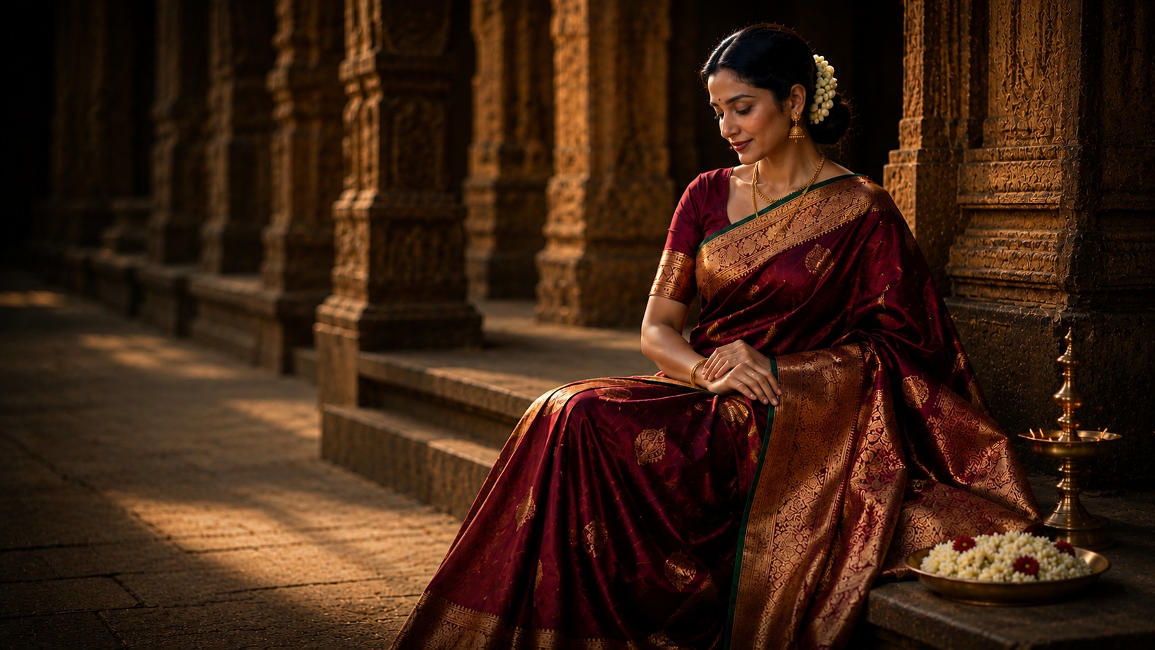 Rare heirloom Kanchipuram silk saree presented in an elegant heritage setting