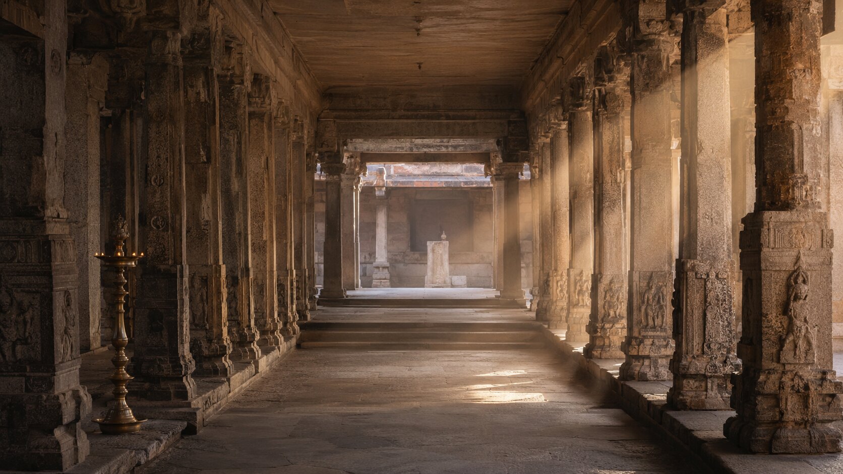Historic South Indian stone temple corridor illuminated by warm afternoon light