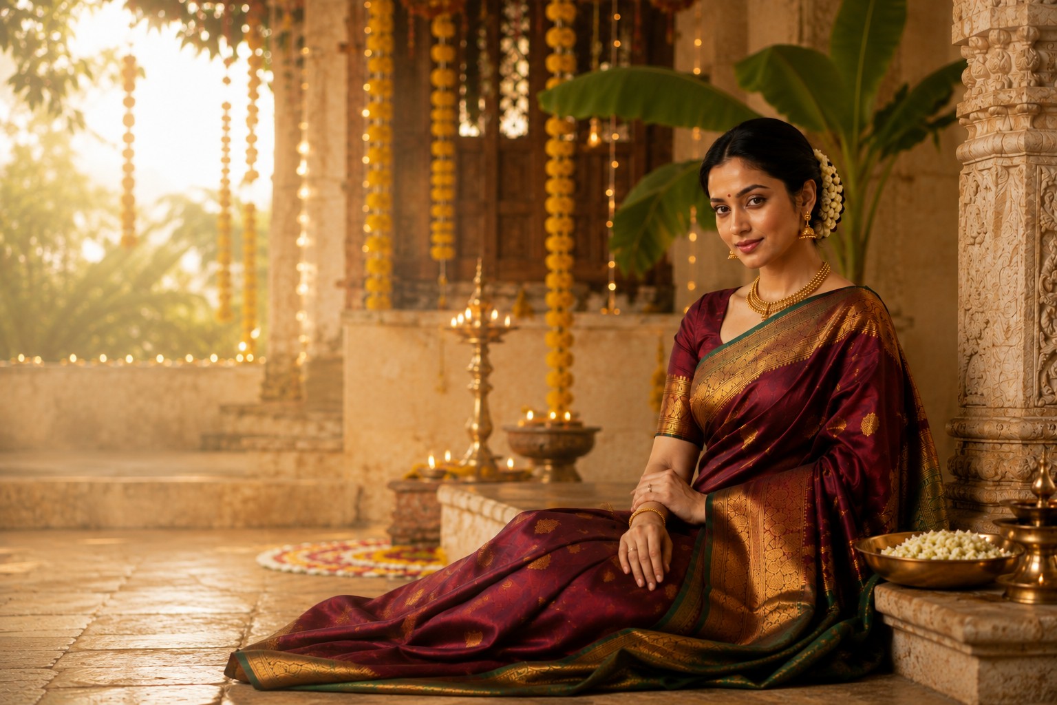 Deep purple Kanchipuram silk saree with an intricate gold zari border