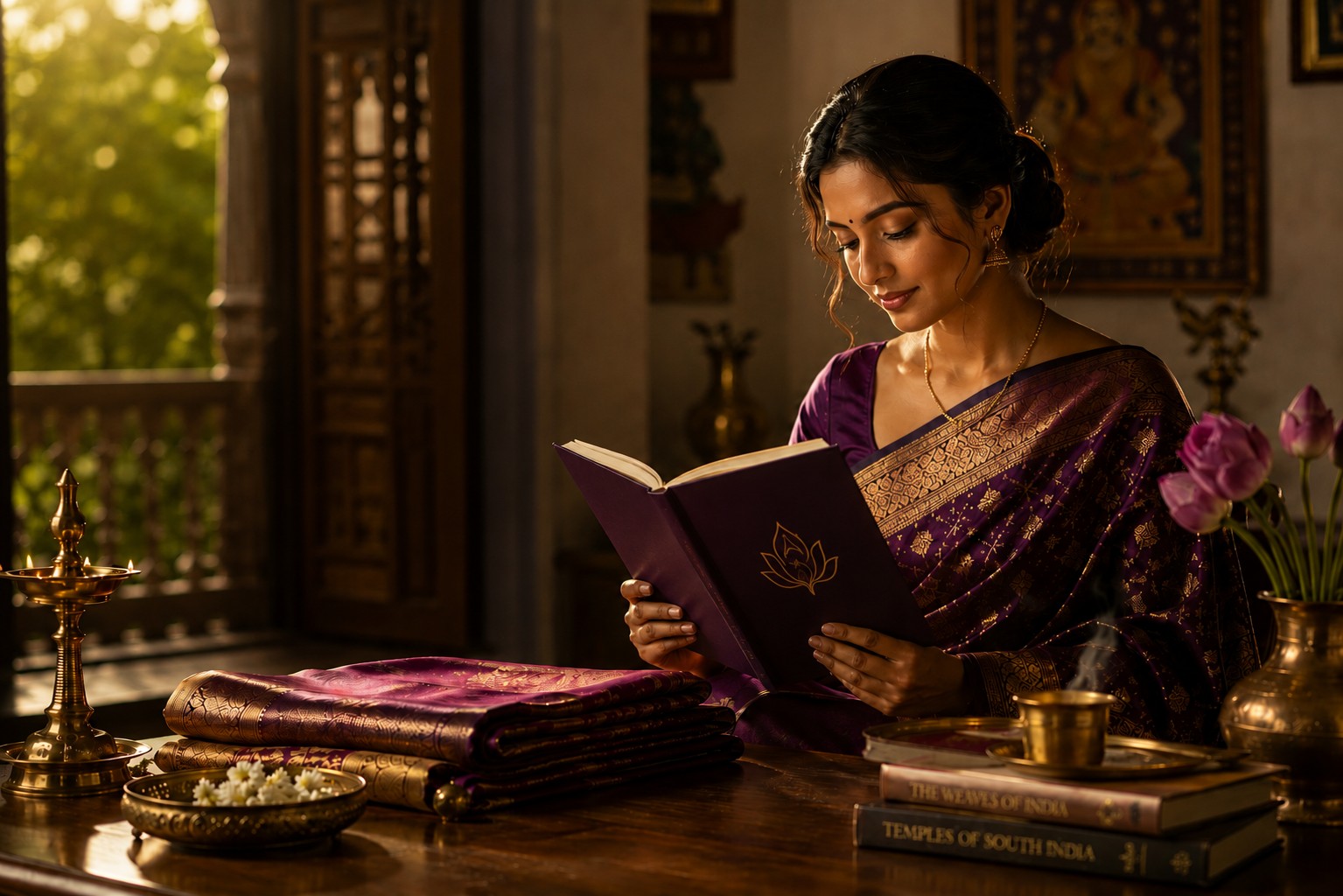 A woman in a purple Kanchipuram silk saree reading beside folded silks in a heritage interior