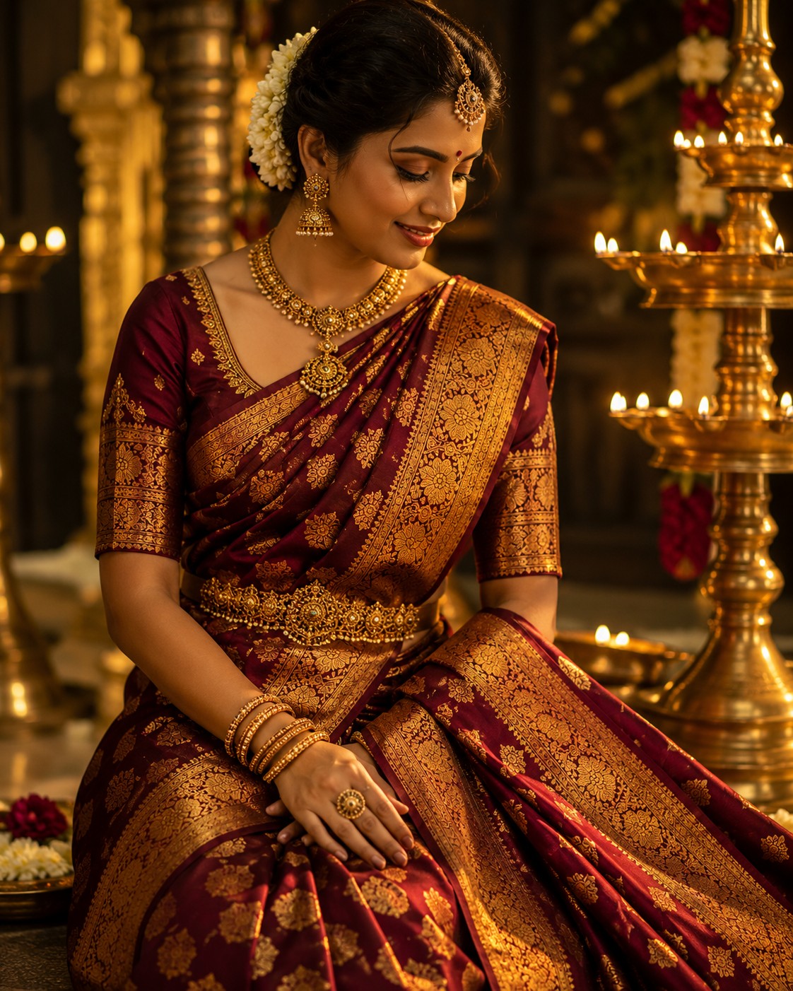 Close view of crimson silk with intricate gold zari glowing in warm light